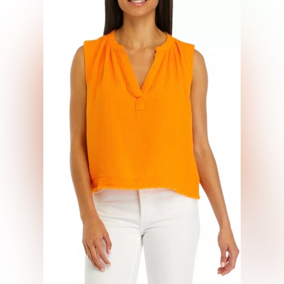Dkny Tops - DKNY Jeans Vibrant Orange Sleeveless Blouse Split Neck size Small